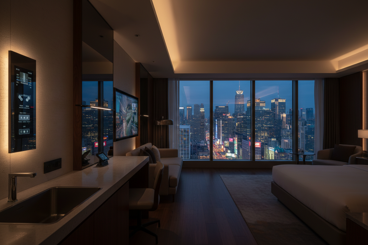 a dim luxury hotel room by the dawn time(7pm -8 pm), the room is equiped with several tech devices like wall panel, outside the window is the fancy city night views with tall buildings and neom lights